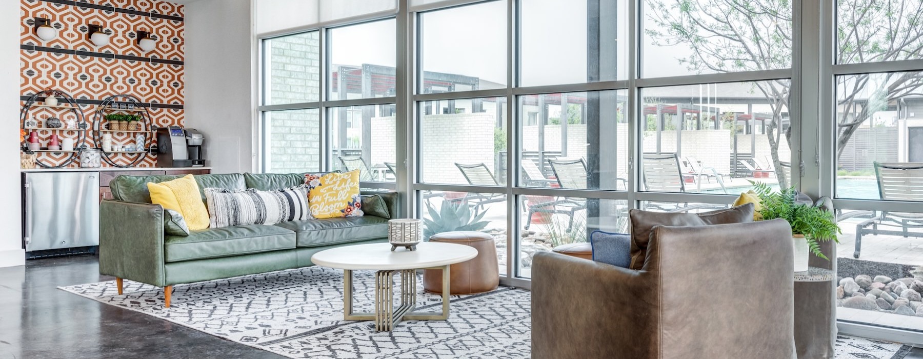 a clubhouse room with a large window